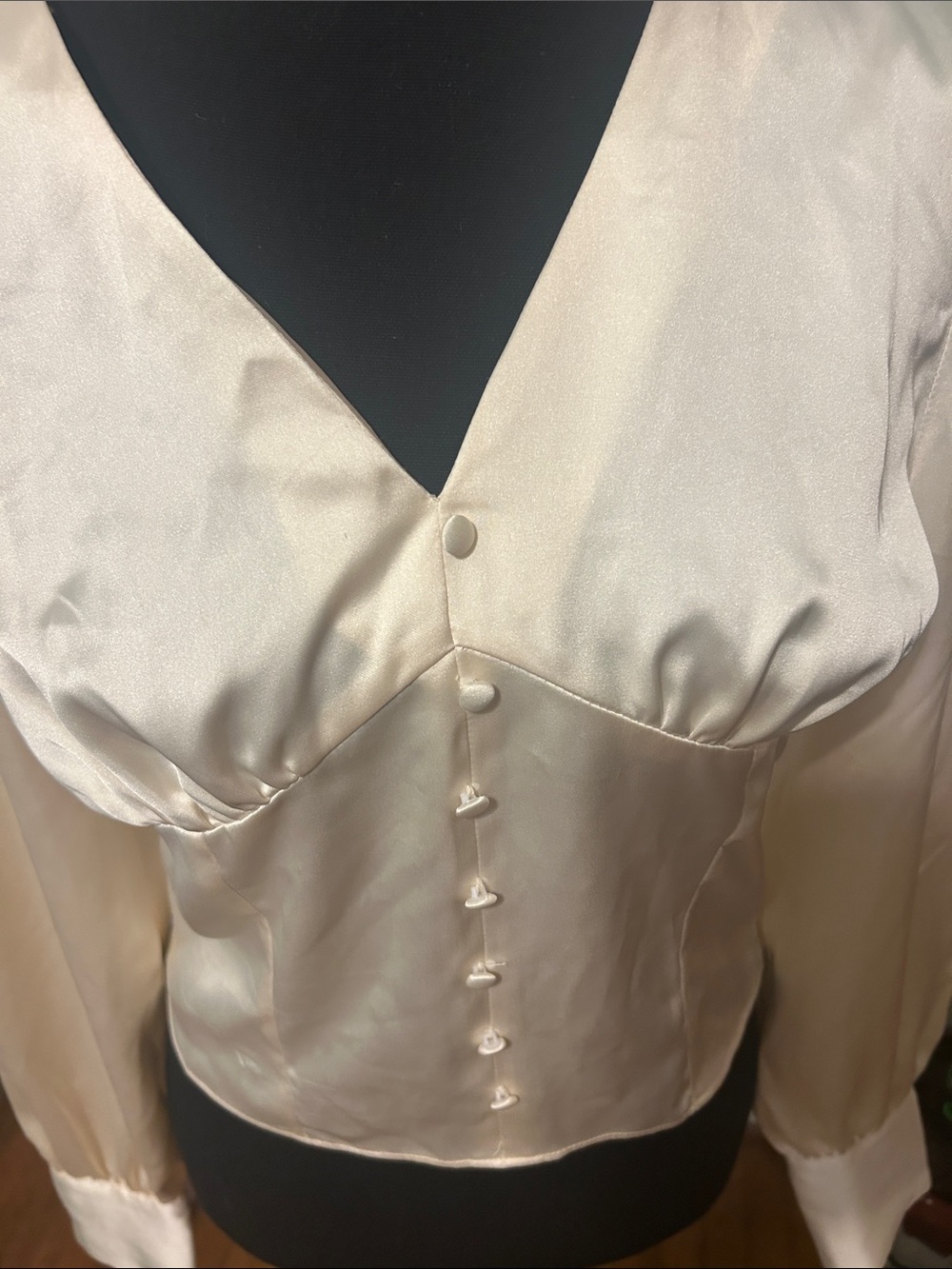 Sincerely Jules Cream Satin V-Neck Button Front Blouse - Picture 5 of 8